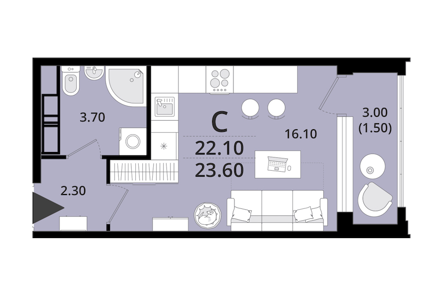 Квартира студия 23.6 м², 12/13 эт., ЖК «Тайм Сквер»